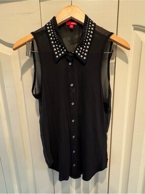 Sleeveless Sheer BLACK Blouse Silver Studded Collar Women’s Sz L Bongo Top Y2K